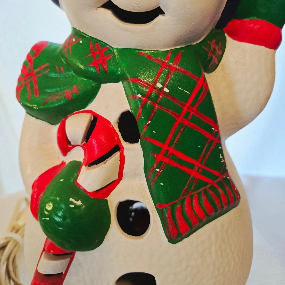 Vintage Christmas Snowman  Ceramic Tabletop Light Candy Cane Top Hat 13‎ Inch